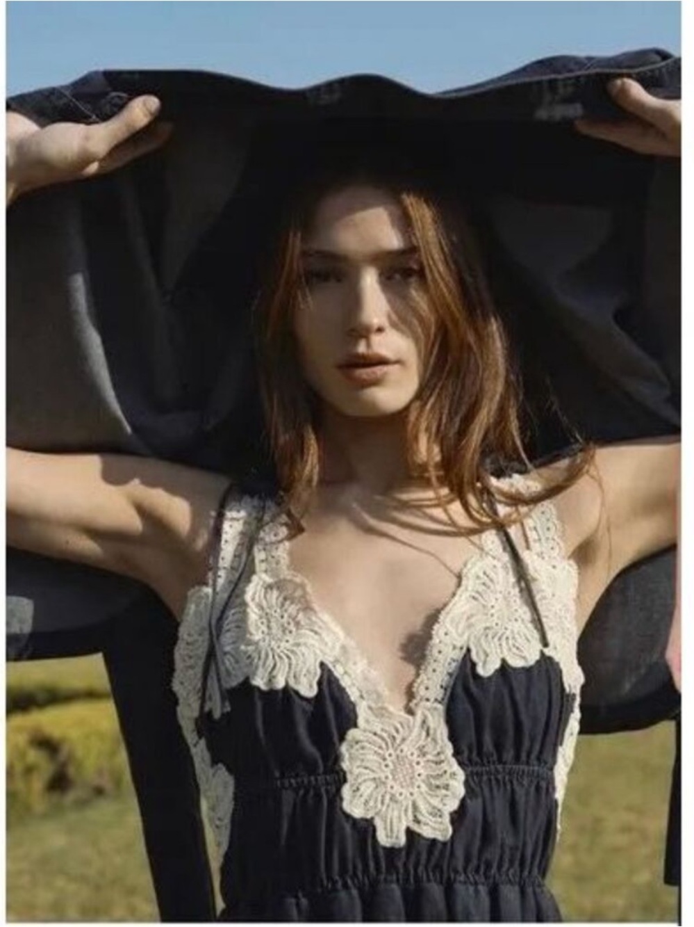 En Saison Natalia Crochet Trim Tie Shoulder Midi Dress Vintage Indigo Size Small - Picture 5 of 6